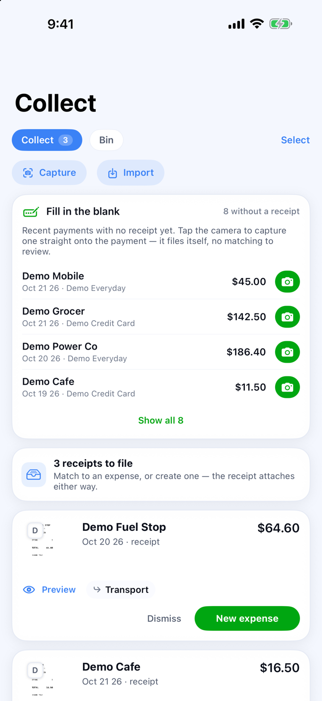 Collect filing a receipt against a matching transaction