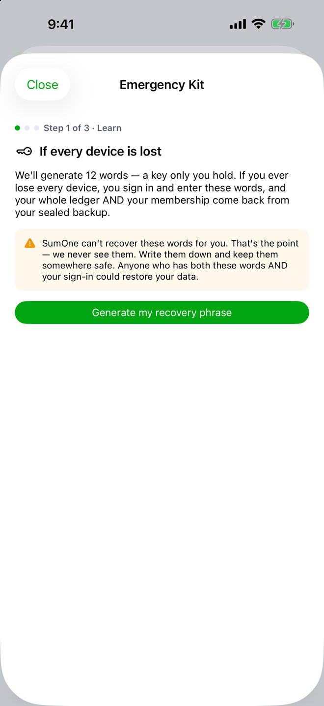 The Emergency Kit screen