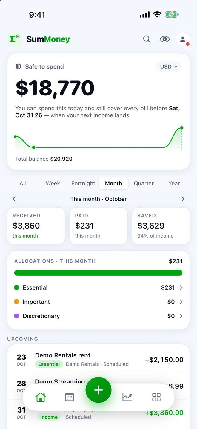SumMoney overview showing account balances and upcoming bills for a demo household