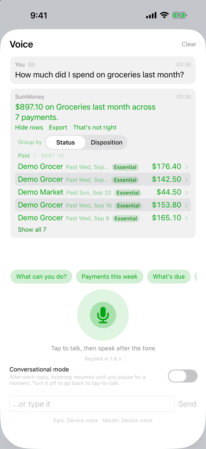 A voice question about grocery spending with its answer card